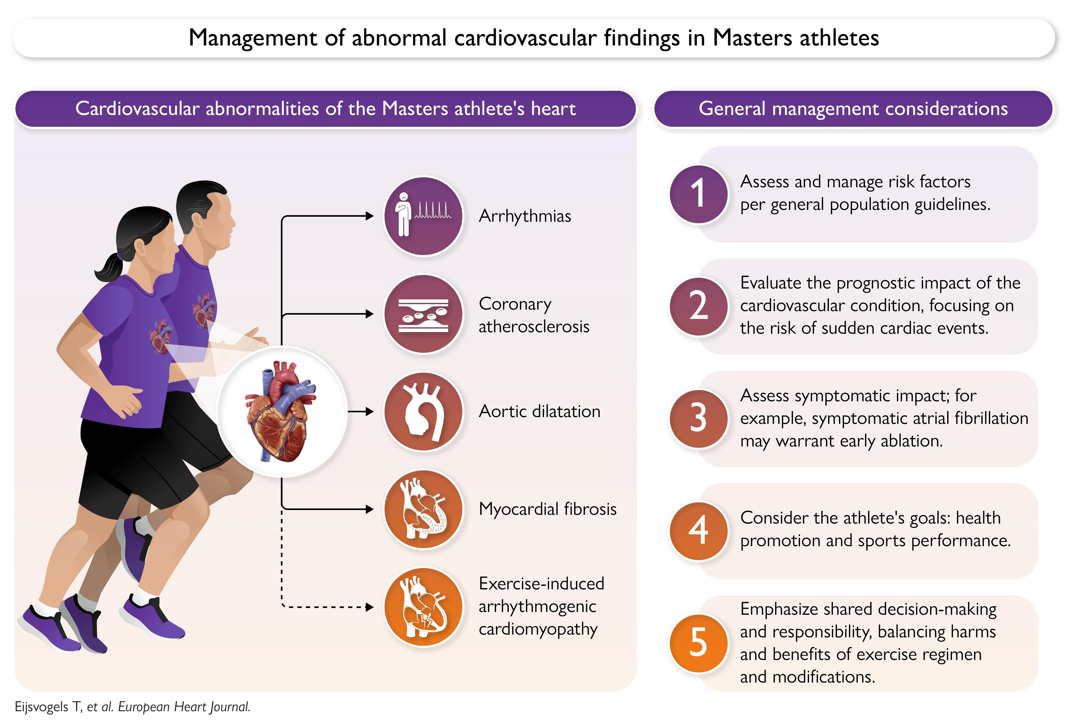 Graphical abstract showing cardiovascular abnormalities and management considerations in Masters athletes
